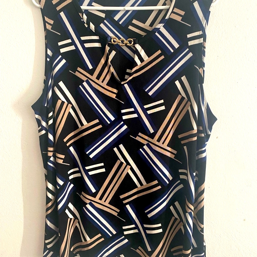 Geometric Patterned Sleeveless Top - Black, White, Tan